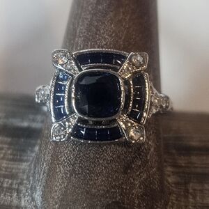 Dark Sapphire Blue Square Cubic Zirconia Art Deco Look Ring Sz 9.5 NWT
